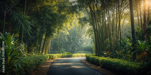 Fototapeta Naklejka Na Ścianę i Meble -  Tropical vegetation and bamboo lining a roadway under bright sunlight, park landscape planning