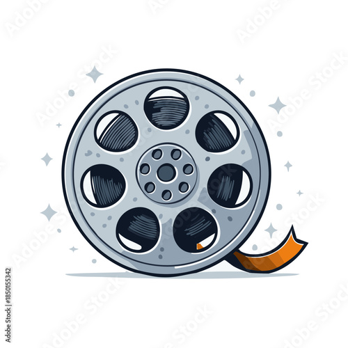 Cartoon Style Film Reel with Orange Strip in a Silver Casing, Media Element