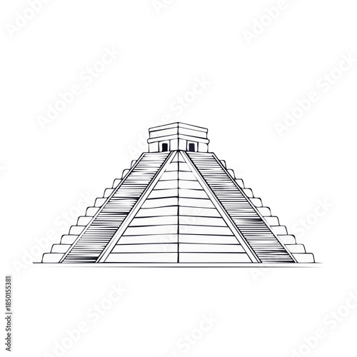 Monochrome Line Art of Mesoamerican Pyramid, Ancient Stairway to Temple Top, Historical Heritage Drawing
