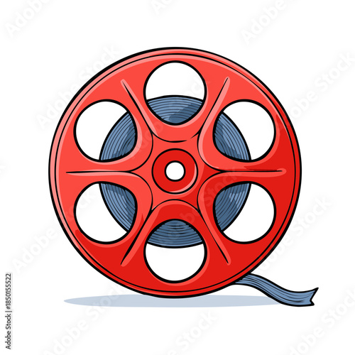 Vivid Red Film Reel Hand-Drawn Illustration: Vintage Cinema, Old-School Media, Retro Entertainment, and Classic Videotape Storage