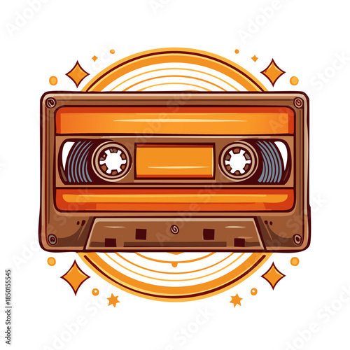 Illustration of a Vintage Cassette Tape with Retro Design Elements and Orange Accents, Music Theme