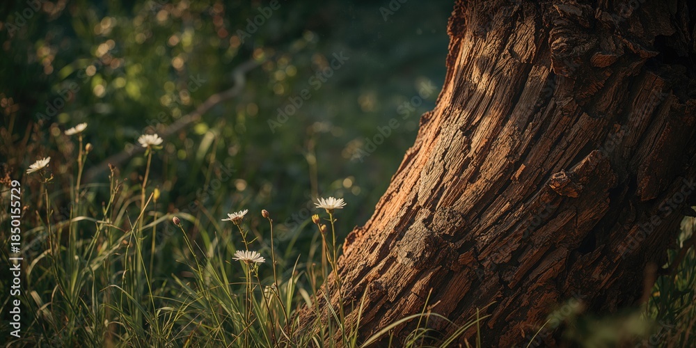 Obraz premium Riverside with a decayed, weathered tree trunk, emphasizing erosion and natural aging