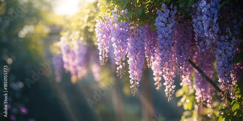 Fototapeta Naklejka Na Ścianę i Meble -  Purple wisteria flowers in bloom hanging from the vine, ideal for seasonal garden photography