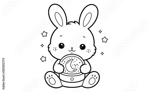 Cute cartoon bunny holding a moon night light with stars around it