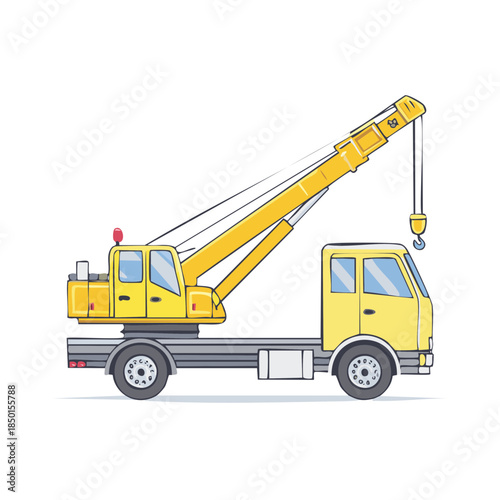 Yellow mobile crane truck illustration. Lifting construction machinery equipment vector design for industrial site