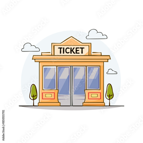Illustration of an Isolated Ticket Booth with Cartoon Clouds and Decorative Trees. Purchasing tickets, entering, event, travel