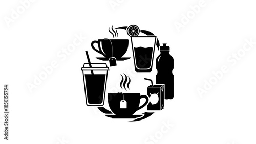 Collection of hot and cold beverages in cups and bottles.