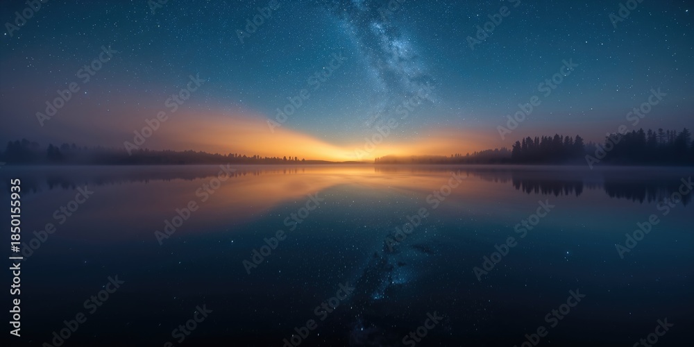 Fototapeta premium Finnish summer scene featuring Saimaa lake under a starry sky with noctilucent clouds and fog, highlighting natural atmospheric effects