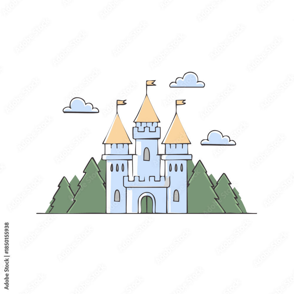 Naklejka premium Fantasy Castle with Pine Trees and Clouds, Minimalist Cartoon Style