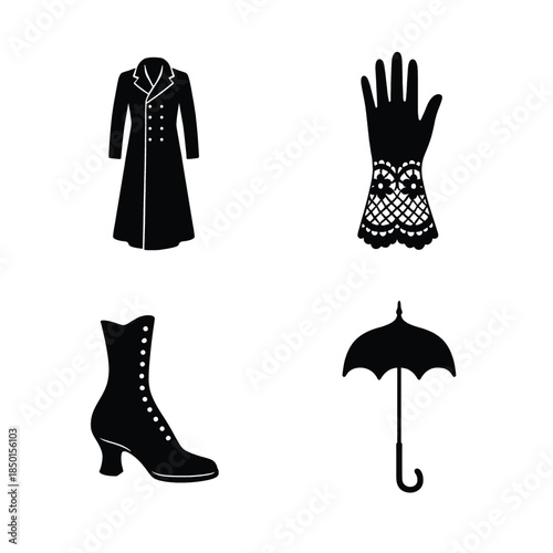 Black Silhouette Icons of Vintage Clothing and Accessories on White coat trench coat