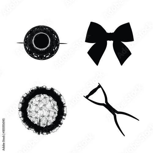 Black Silhouette Icons of Decorative Objects and Accessories on White ribbon lace