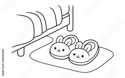 Cute bunny slippers resting on a rug next to a bed in a simple line drawing