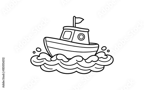 Simple cartoon boat sailing on wavy ocean water in black and white outline