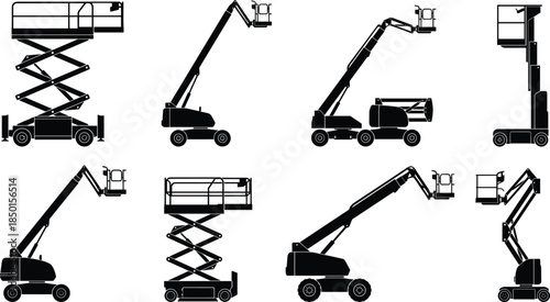 Aerial lift silhouette collection, scissor lifts and articulated boom lifts, mobile access platforms, industrial maintenance machinery, construction service equipment, black vector icons