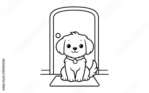 Cute cartoon dog sitting patiently by the door, waiting to be let in