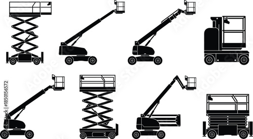 Aerial lift silhouette set, scissor lifts and boom lifts, mobile access platforms, industrial maintenance equipment, construction service machines, black vector icons