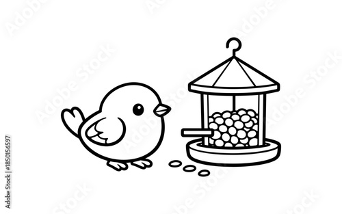 Cute cartoon bird looking at a bird feeder filled with seeds