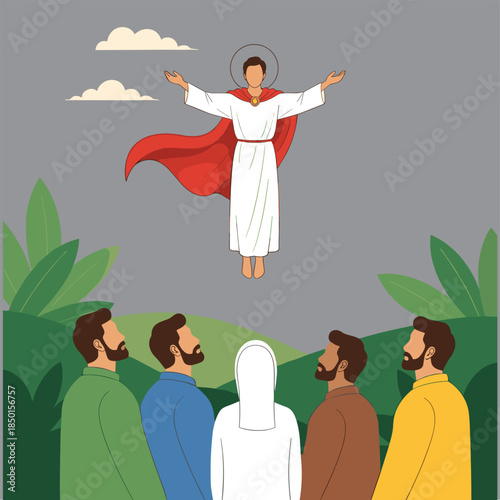 Vector Illustration of Jesus Christ Ascending into Heaven While His Disciples Watch from Below in a Nature Setting