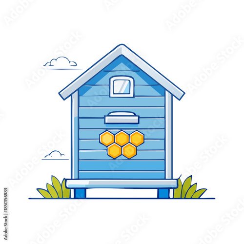 Illustration of a classic wooden beehive in light blue tone surrounded by plants. Honeycomb depicted on the hive. Apiary design for graphic use