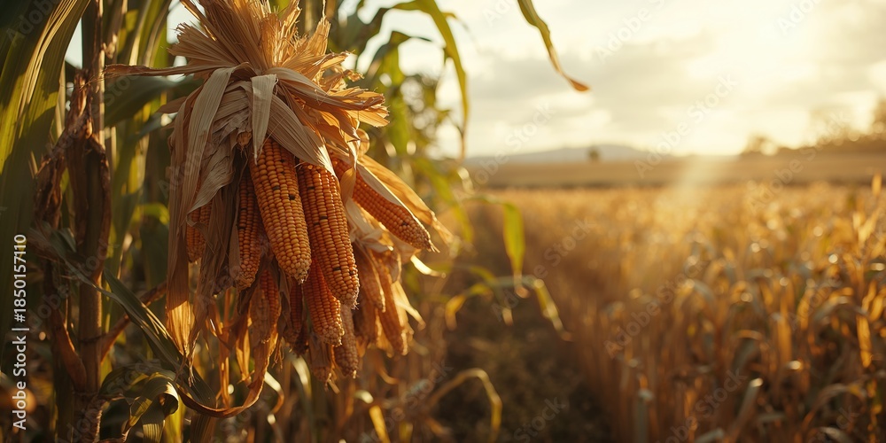 Obraz premium Corn stalks with dried cobs in a field, emphasizing crop maturity for livestock feed and food processing, harvest season