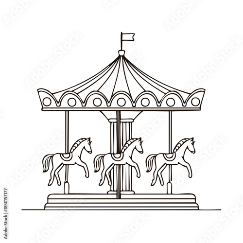 Carousel with Horses: A Simple Line Drawing of a Classic Amusement Park Ride, Featuring Ornamental Horses, Platform and Tent Top
