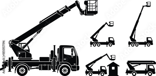 Aerial work platform truck silhouettes set, hydraulic lift bucket vehicles for maintenance, construction access equipment icons, industrial boom lift collection