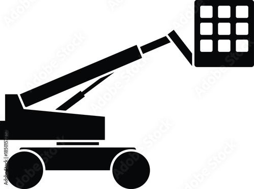 Aerial, lift, silhouette, building, maintenance, access, platform, boom, construction, equipment, height, safety, industrial, machinery, facade, work, vector, illustration, isolated, white
