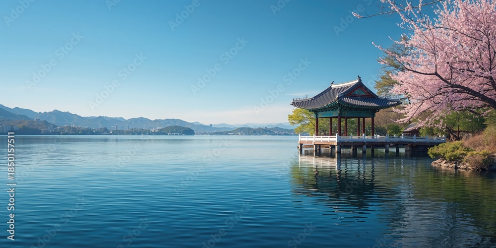 Fototapeta premium River scene with a tiny boat, highlighting transportation and waterway management, World Water Day