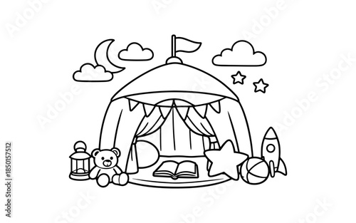 Children's play tent with toys, moon, stars, and clouds, perfect for bedtime stories