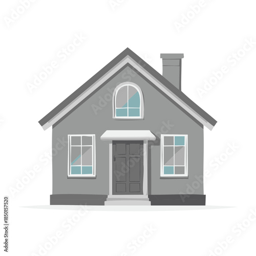 Simple gray residential house with a chimney and an arched window in the gable, illustration for advertising a mortgage