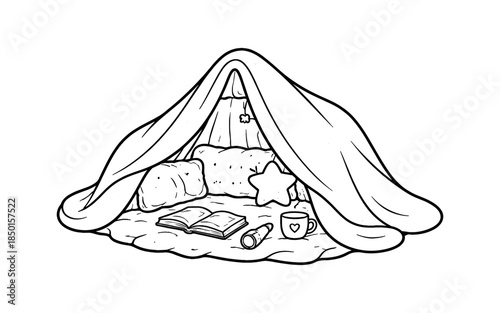 Cozy blanket fort with pillows, book, and flashlight for reading adventures