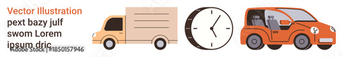 Transportation, time management, logistics, delivery services, punctuality, business optimization. A truck, clock and car are aligned. Transportation and time management concept
