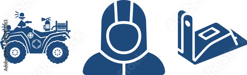 Blue Icons Of ATV, Hazmat Suit And Fire Extinguisher On White Keywords: atv, quad bike, emergency vehicle, fire extinguisher