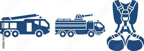 Blue Icons of Fire Trucks and a Safety Harness on a White Background engine vehicle