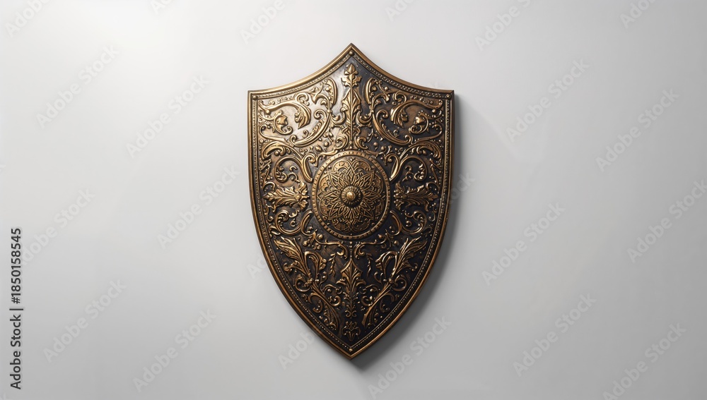 Obraz premium Antique decorative shield with intricate patterns, emphasizing craftsmanship and surface texture