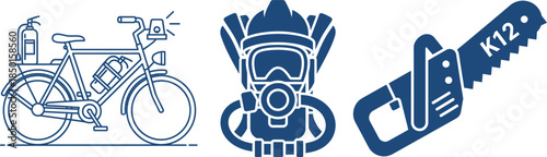 Blue Silhouettes of Bicycle, Firefighter Mask, and Chainsaw on White Background fire extinguisher