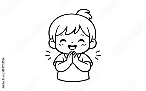 Cute cartoon child with hands pressed together in a gesture of greeting or thanks