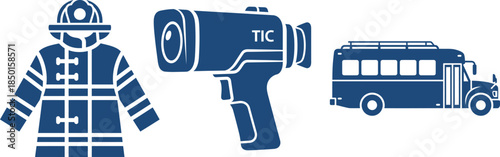 Firefighter Uniform Thermal Camera and School Bus Icons on White Background helmet coat