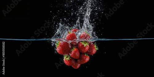 Strawberries splashing into water on dark backdrop, used for visual layout or editorial backgrounds, World Malaria Day