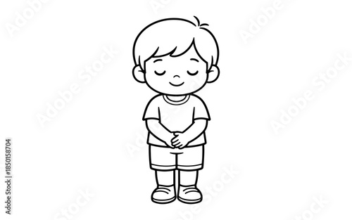 Cute cartoon boy with eyes closed and hands clasped in front, standing politely