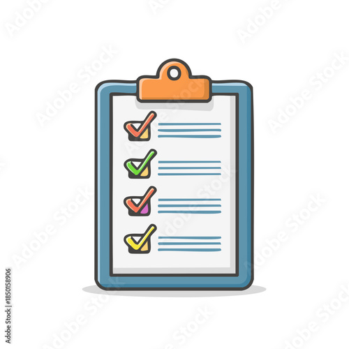 Completed Task List on a Blue Clipboard with Colorful Check Marks, Project Management Checkboxes Concept