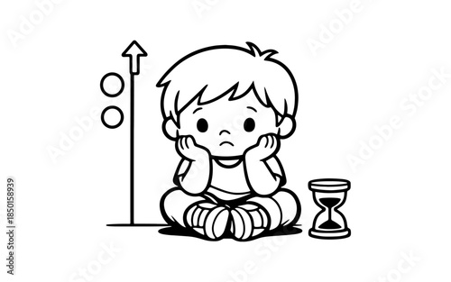 Sad child sitting cross-legged with hands on cheeks, looking at hourglass and progress bar