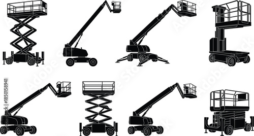 Aerial, work, platform, silhouettes, lift, scissor, boom, construction, equipment, access, height, safety, industrial, machinery, maintenance, vector, illustration, set, isolated, white