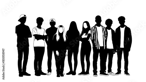 Diverse group of young people standing together in silhouette.