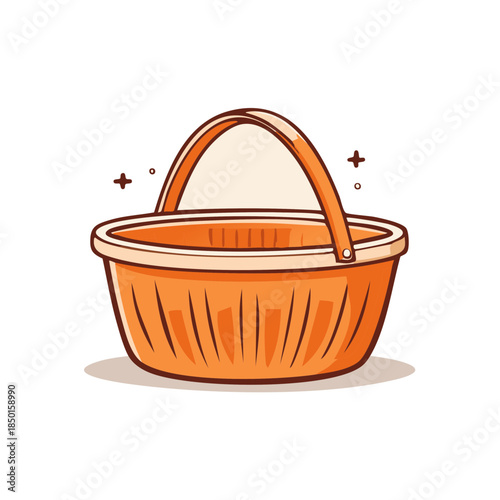 Cartoon Style Brown Basket Illustration With Handle Design Empty Round Basket