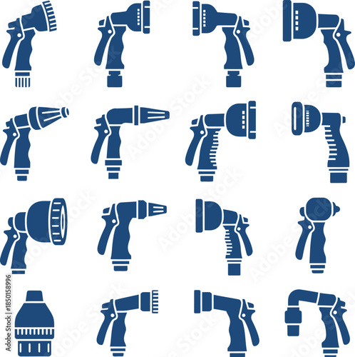 Collection of 16 Water Hose Nozzle Silhouettes with Spray Patterns garden