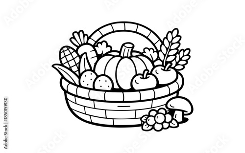 Whimsical black and white illustration of a harvest basket overflowing with autumn produce
