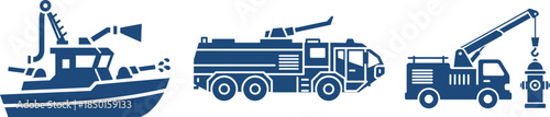 Collection of blue silhouette icons of marine vessel fire truck and crane truck with hydrant