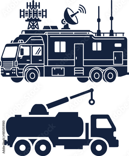 Communication and Fuel Truck Silhouettes with Antennas and Satellite Dish vehicle