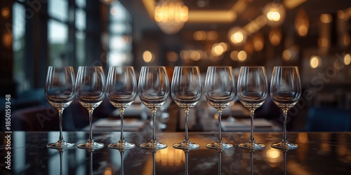 Collection of vacant wine glasses lined up on a bar, used for bar setup and hospitality ambiance